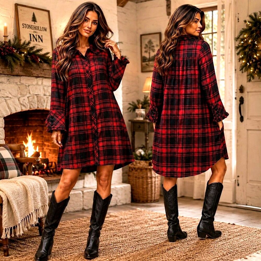 Soft Surroundings S Heritage Red Plaid Ruffle Sleeve Shirt Dress Cottagecore